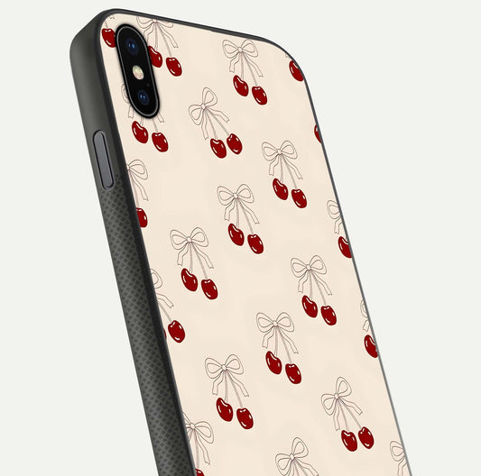 Cute Cherry Pattern Glass Case for iPhone Xs Max close-up showing cherry cluster details and light reflection