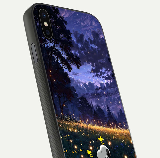 Firefly Meadow Magic Glass Case for iPhone Xs Max close-up highlighting luminous firefly light and reflection detail