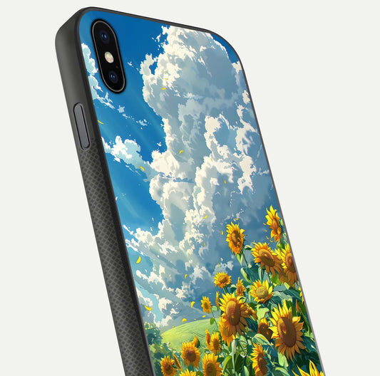 Golden Sun Glory Glass Case for iPhone Xs Max close-up angled shot showing sunlight reflection and gold detailing