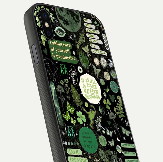 Green Moon Energy Glass Case for iPhone Xs Max close-up angled shot showing glowing lunar detail and reflection shine