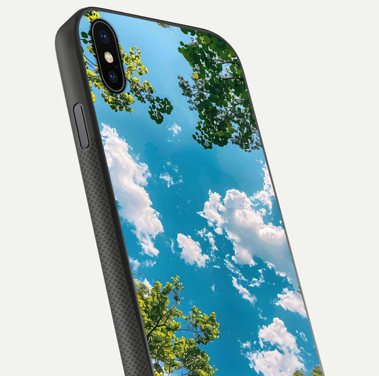 Greenery Sky Glass Case for iPhone Xs Max close-up angled shot showing leafy tones and reflection brightness