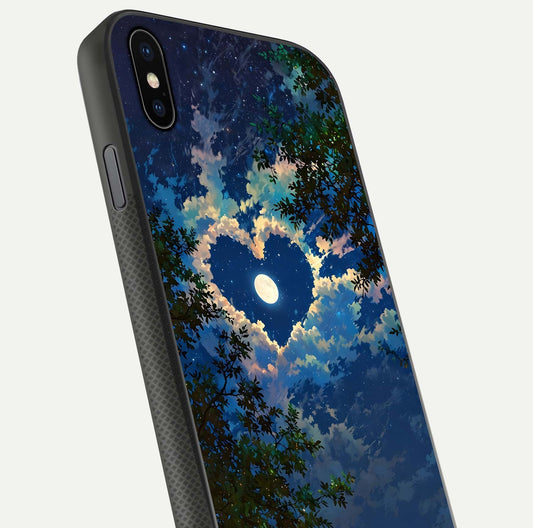 Heart with Moon Sky Glass Case for iPhone Xs Max close-up angled shot showing lunar reflection and shine detail