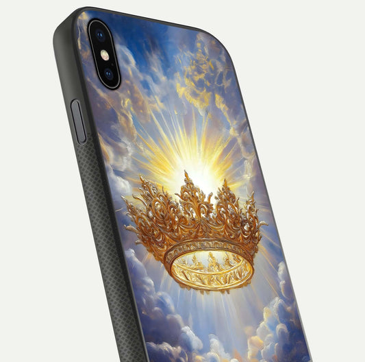 Heavenly Crown Light Glass Case for iPhone Xs Max close-up angled shot showing glowing halo details and smooth reflection