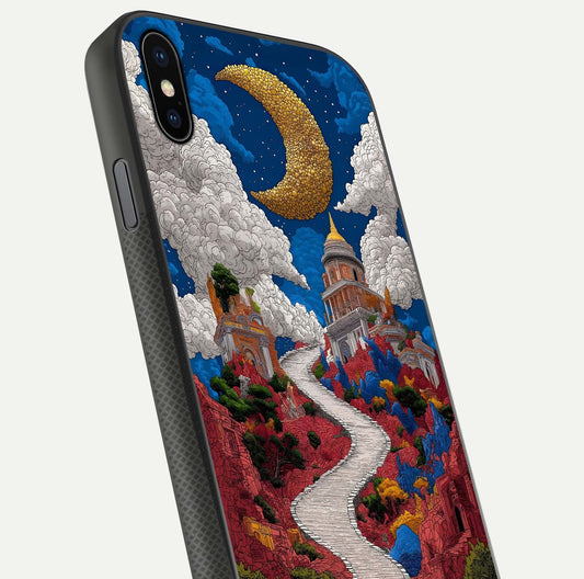 Heavenly Moon Path Glass Case for iPhone Xs Max close-up angled shot showing moon reflection and shimmer texture