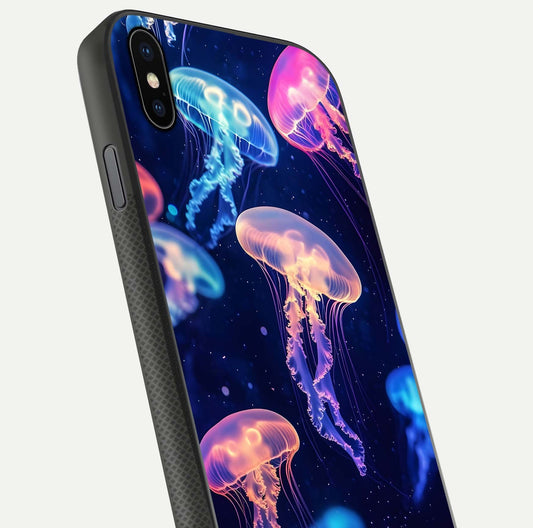 Jellyfish Pattern Glass Case for iPhone Xs Max close-up angled shot showing translucent tentacles and light reflection