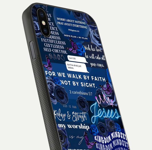 Kingdom Faith Glow Glass Case for iPhone Xs Max close-up angled shot showing luminous text and divine reflection