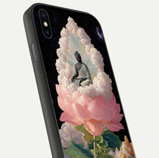 Lotus Divine Peace Glass Case for iPhone Xs Max angled close-up showing delicate petals and gloss reflection