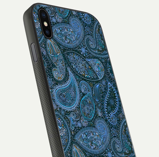 Midnight Paisley Glow Glass Case for iPhone Xs Max close-up angled shot showing floral details and gloss texture