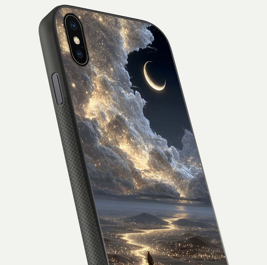 Moonlight Spark Path Glass Case for iPhone Xs Max close-up angled shot showing glowing stars and reflection