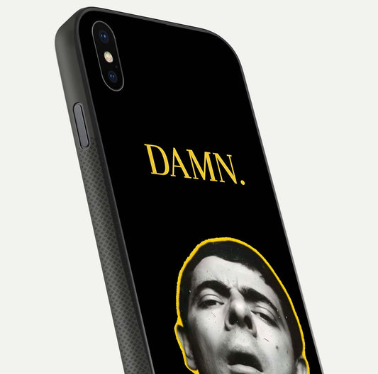 Mr Bean Damn Glass Case for iPhone Xs Max close-up angled shot highlighting comic expression and shine detail