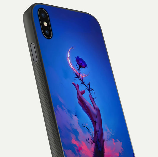 Mystic Hand Glass Case for iPhone Xs Max close-up angled shot showing spiritual markings and reflection