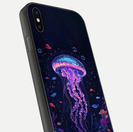 Neon Jellyfish Glass Case for iPhone Xs Max close-up angled shot showing translucent jellyfish and shine reflection