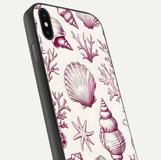 Pink Shells Outline Glass Case for iPhone Xs Max close-up angled shot showing fine shell lines and reflection