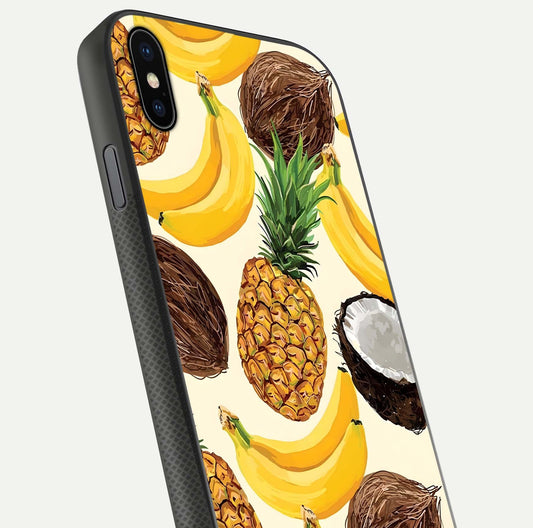 Tropical Fruit Mood Glass Case for iPhone Xs Max close-up angled shot highlighting fruit texture and reflection