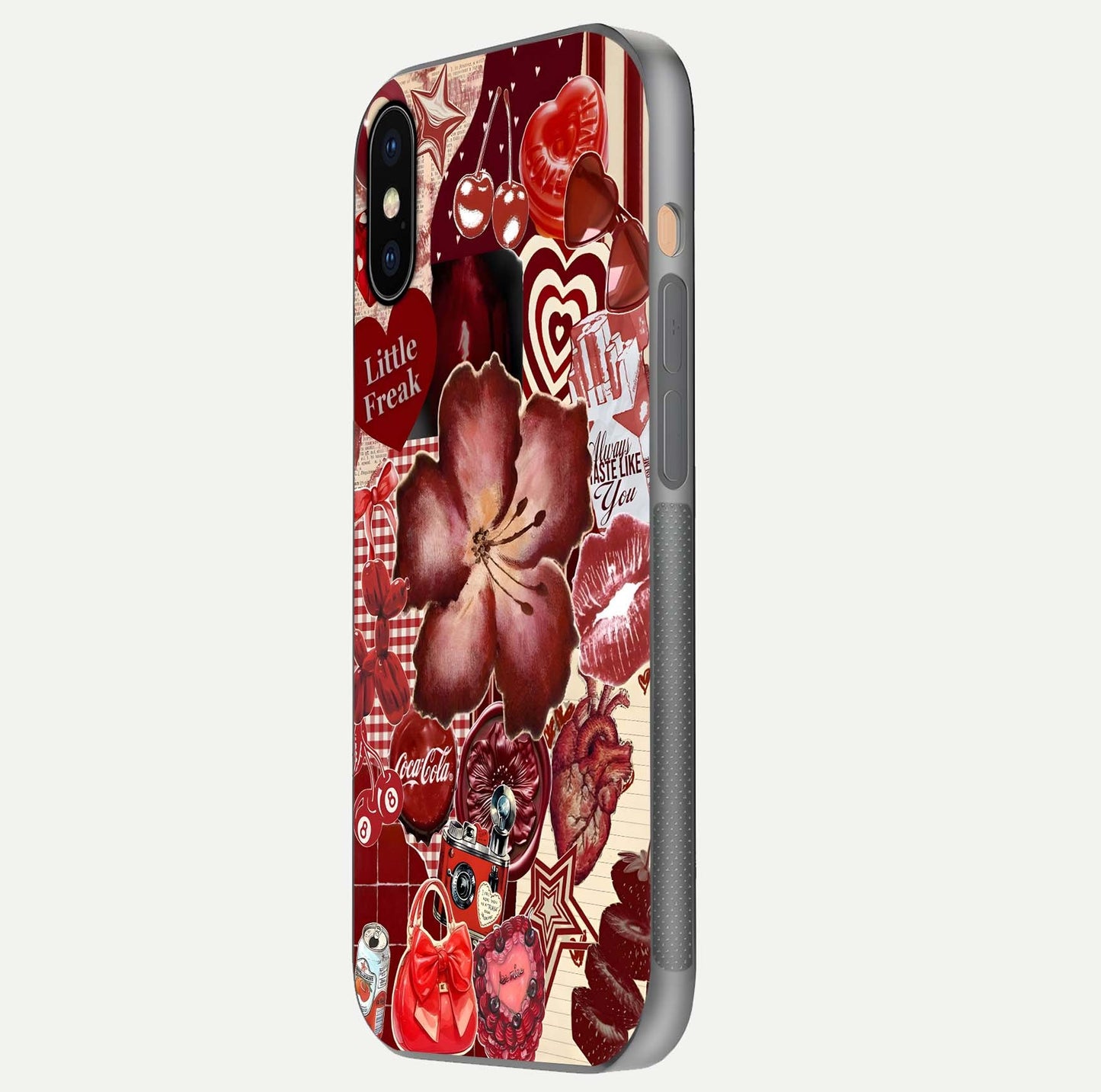 Aesthetic Little Freak Glass Case for iPhone 16 Pro side-angle image showing colorful design, camera module, and glossy finish reflection