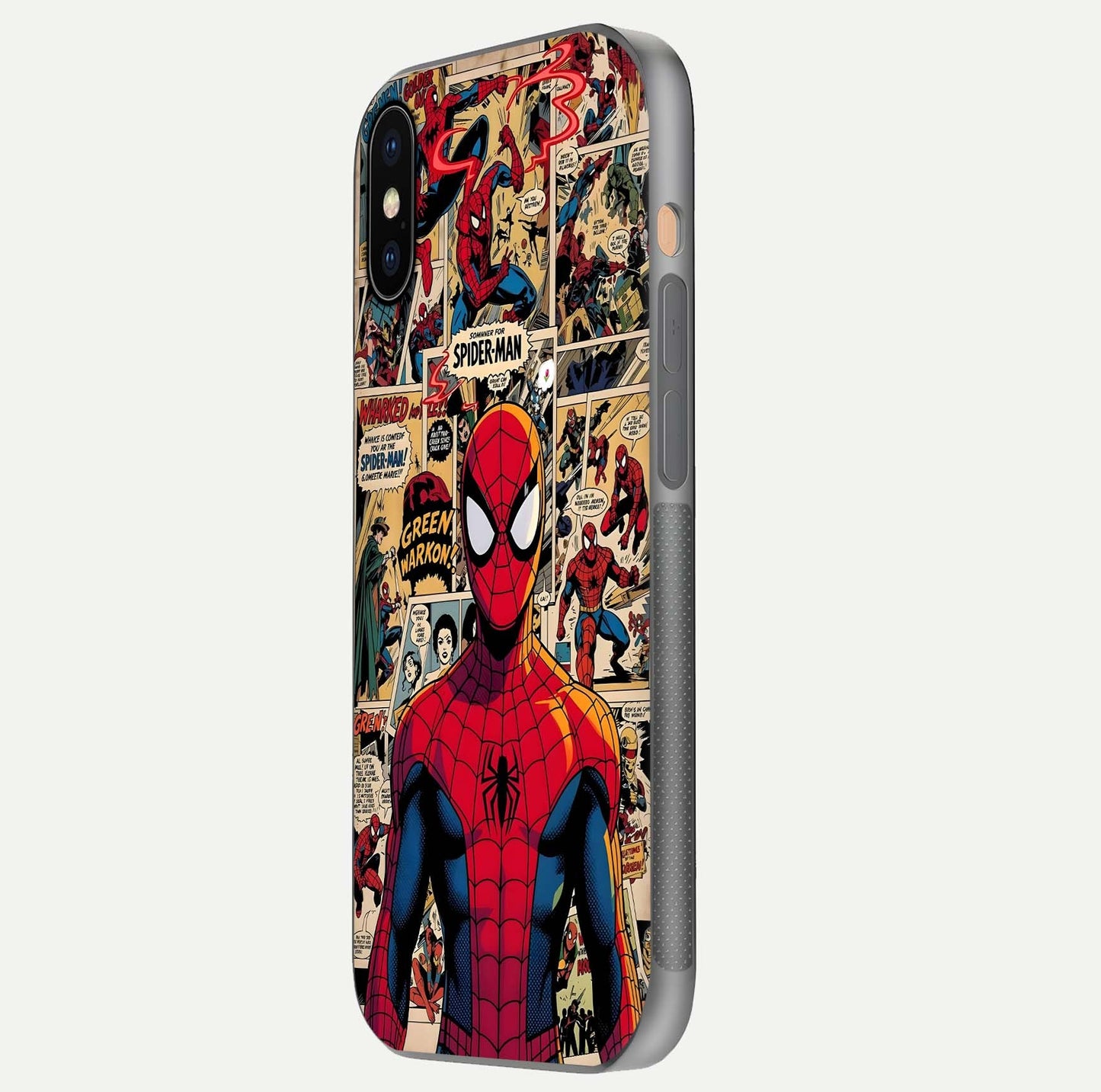 Aesthetic Spider Man Glass Case for iPhone 16 Pro side-angle image showing superhero comic print, camera module, and glossy finish reflection