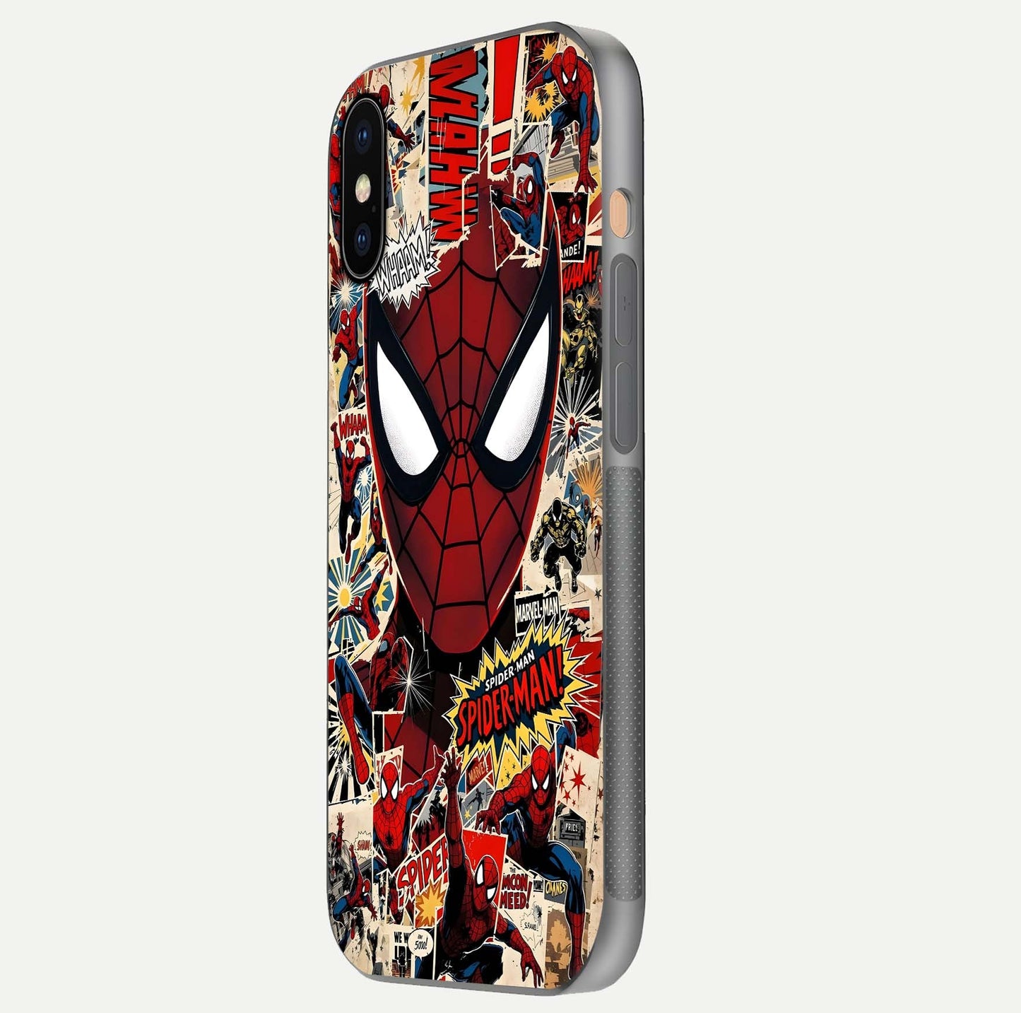 Aesthetic Wonder Spider Glass Case for iPhone 16 Pro side-angle shot showing red-blue tones and durable protective frame