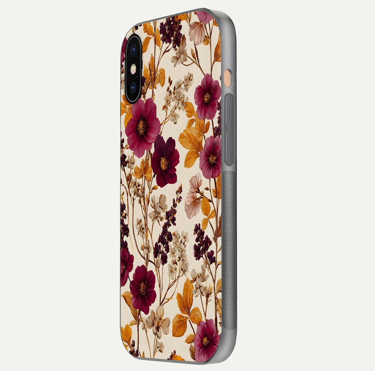 Autumn Wine Bloom Glass Case for iPhone 16 Pro side-angle showcasing floral design, texture gloss, and camera frame