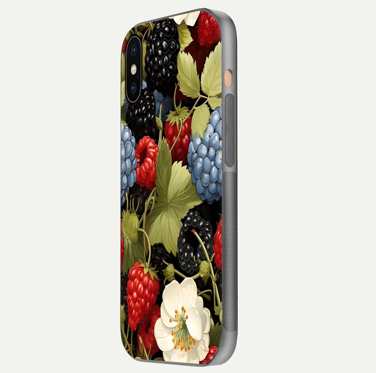 Berry Bloom Charm Glass Case for iPhone 16 Pro side-angle image showing floral texture and high-definition print gloss