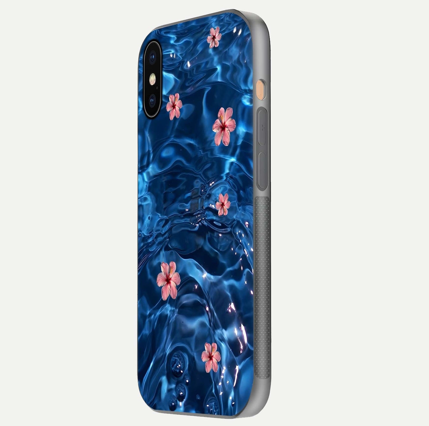 Blooming Water Drift Glass Case for iPhone Xs Max side-angle image showcasing blossom flow, curved corners, and HD glass gloss
