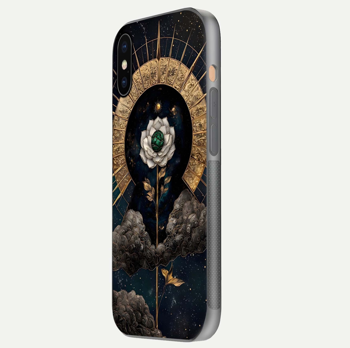 Celestial Lotus Morang Glass Case for iPhone Xs Max side-angle image capturing shine and smooth curvature