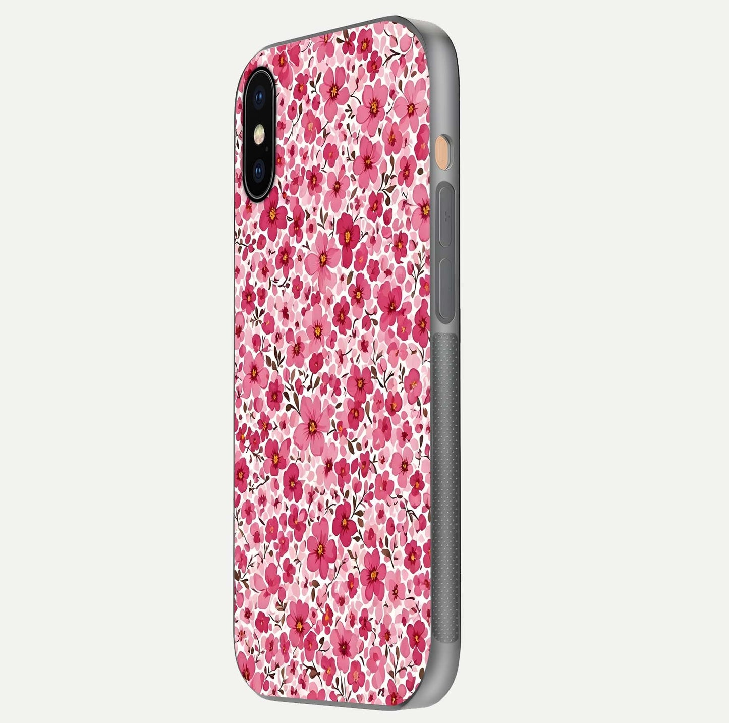 Cherry Blossom Charm Glass Case for iPhone Xs Max side-angle image showing reflection gloss and soft texture