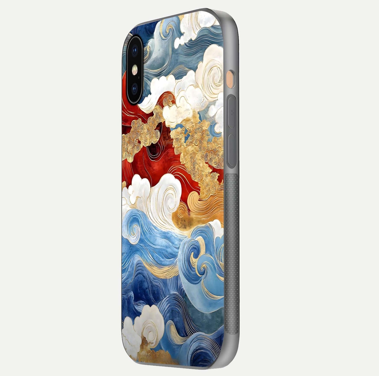 Colored Waves Glass Case for iPhone Xs Max side-angle image showing light reflection, edge design, and shine