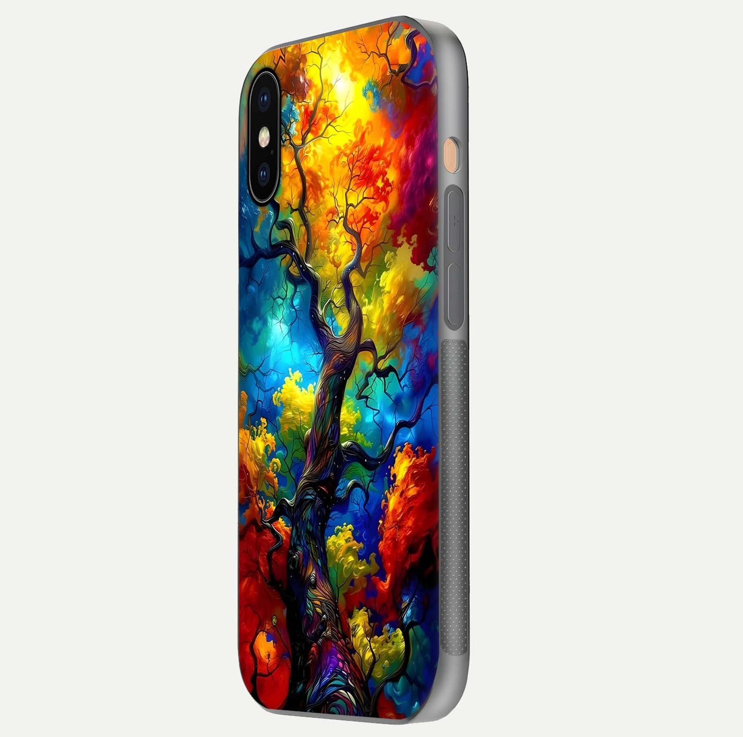 Colorful Tree Glass Case for iPhone Xs Max side-angle image showing curve reflection and fine print texture