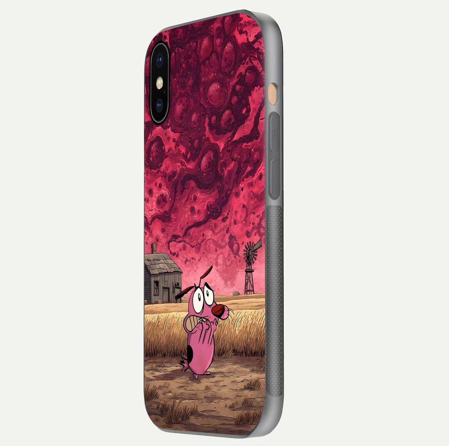 Courage Under Sky Glass Case for iPhone Xs Max side-angle photo showing gloss tone and curve highlight
