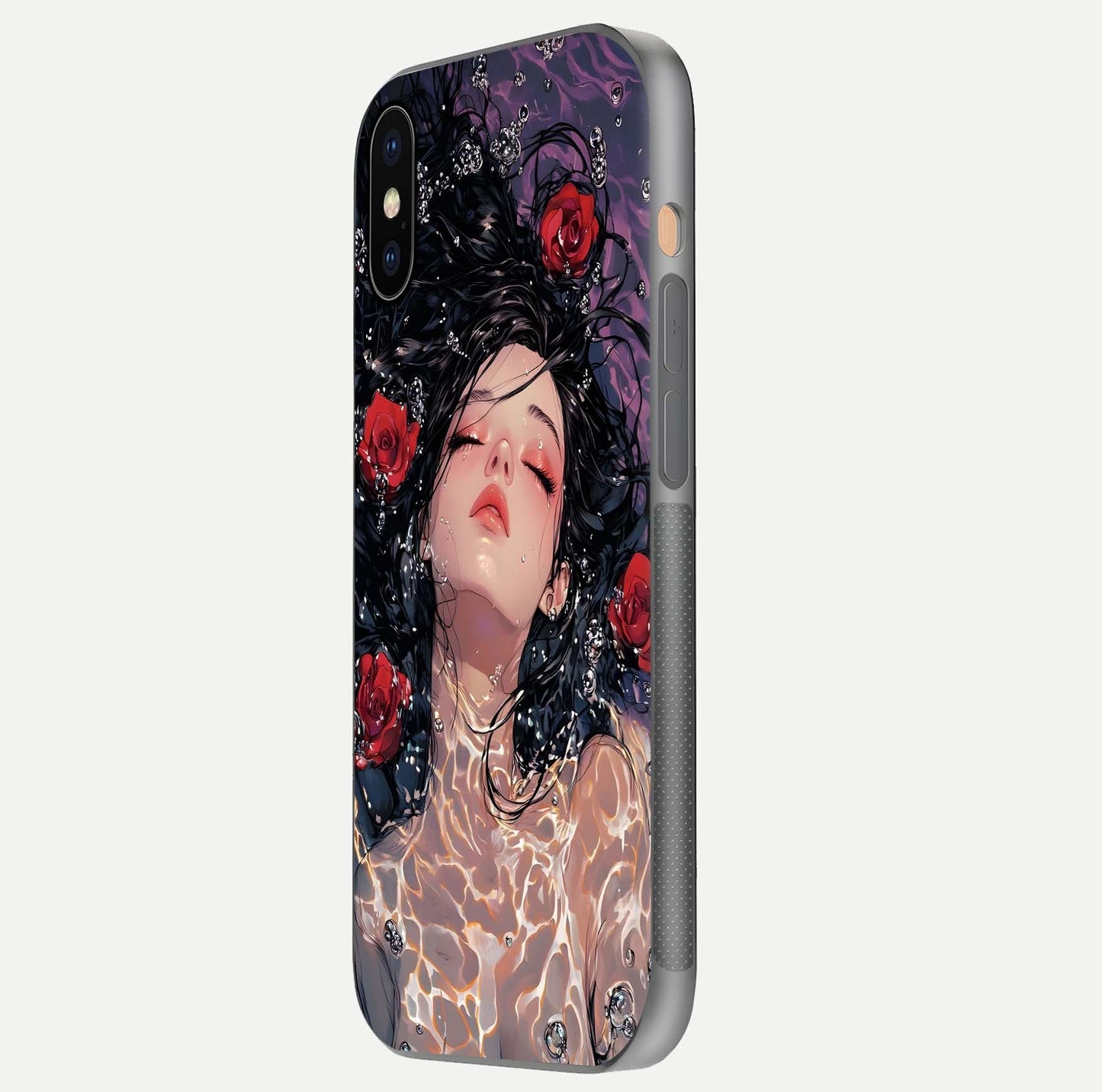 Crimson Rose Serenity Glass Case for iPhone Xs Max side-angle photo showing glass reflection and soft edges