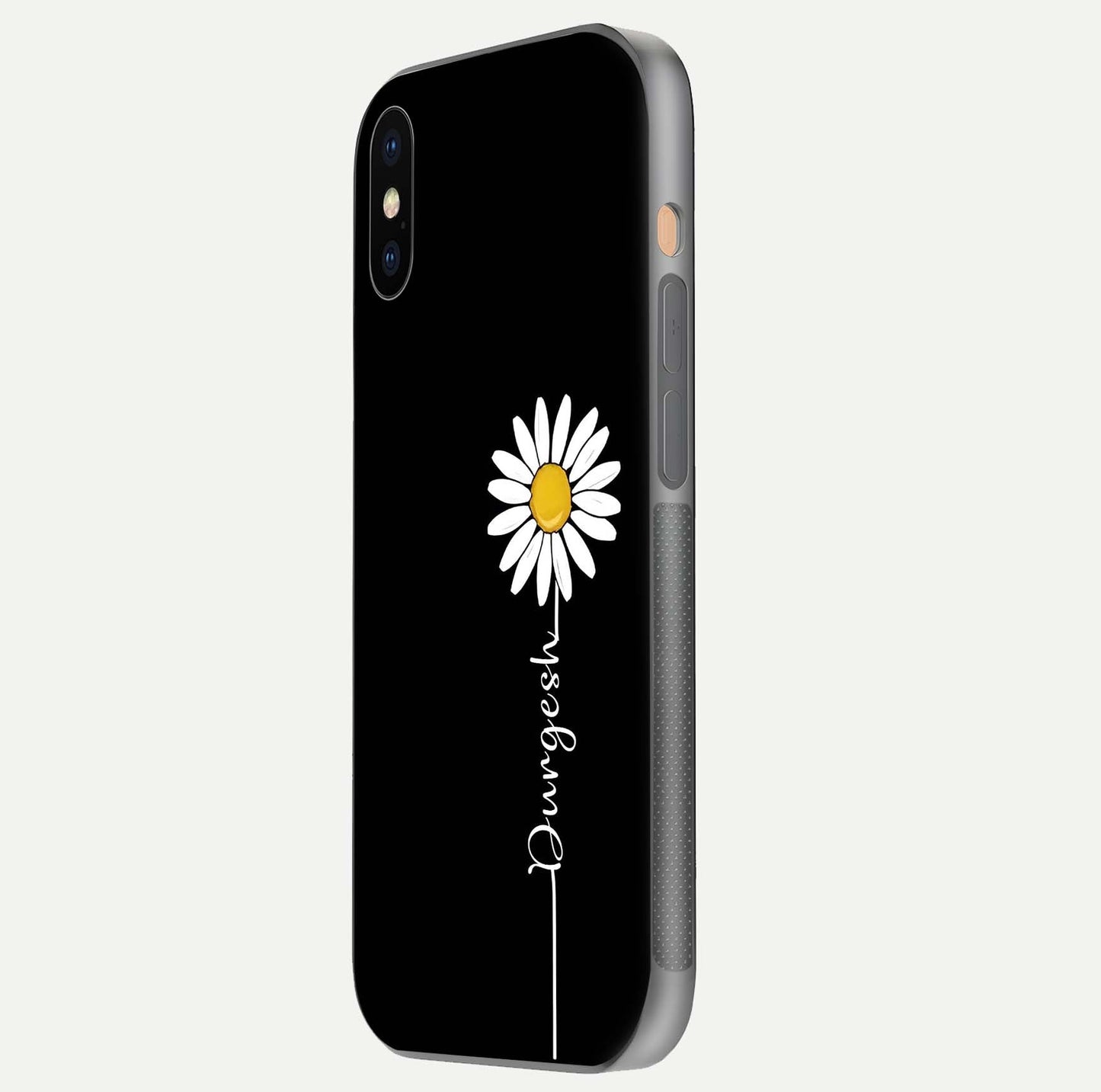 Custom Name White Flower Glass Case for iPhone Xs Max side-angle photo showing reflection shine and name clarity