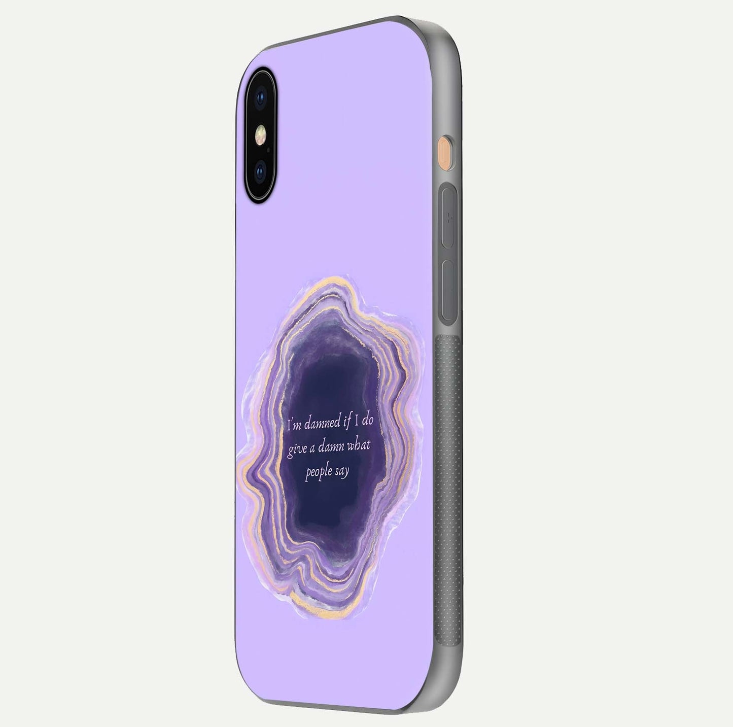 Damned People Quote Glass Case for iPhone Xs Max side-angle image showing light shine and smooth edges