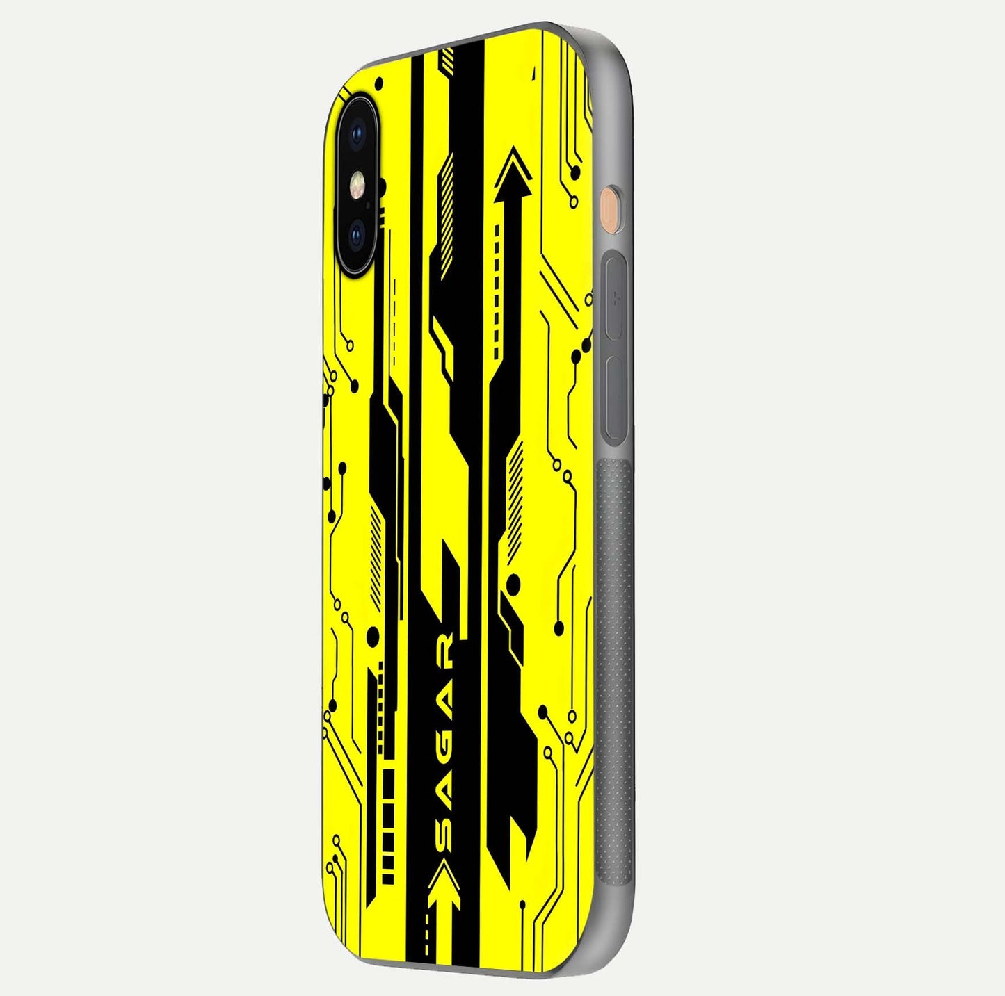 Electric Pulse CYBERPUNK Custom Name Glass Case for iPhone Xs Max side-angle image showing glossy reflection and edge illumination