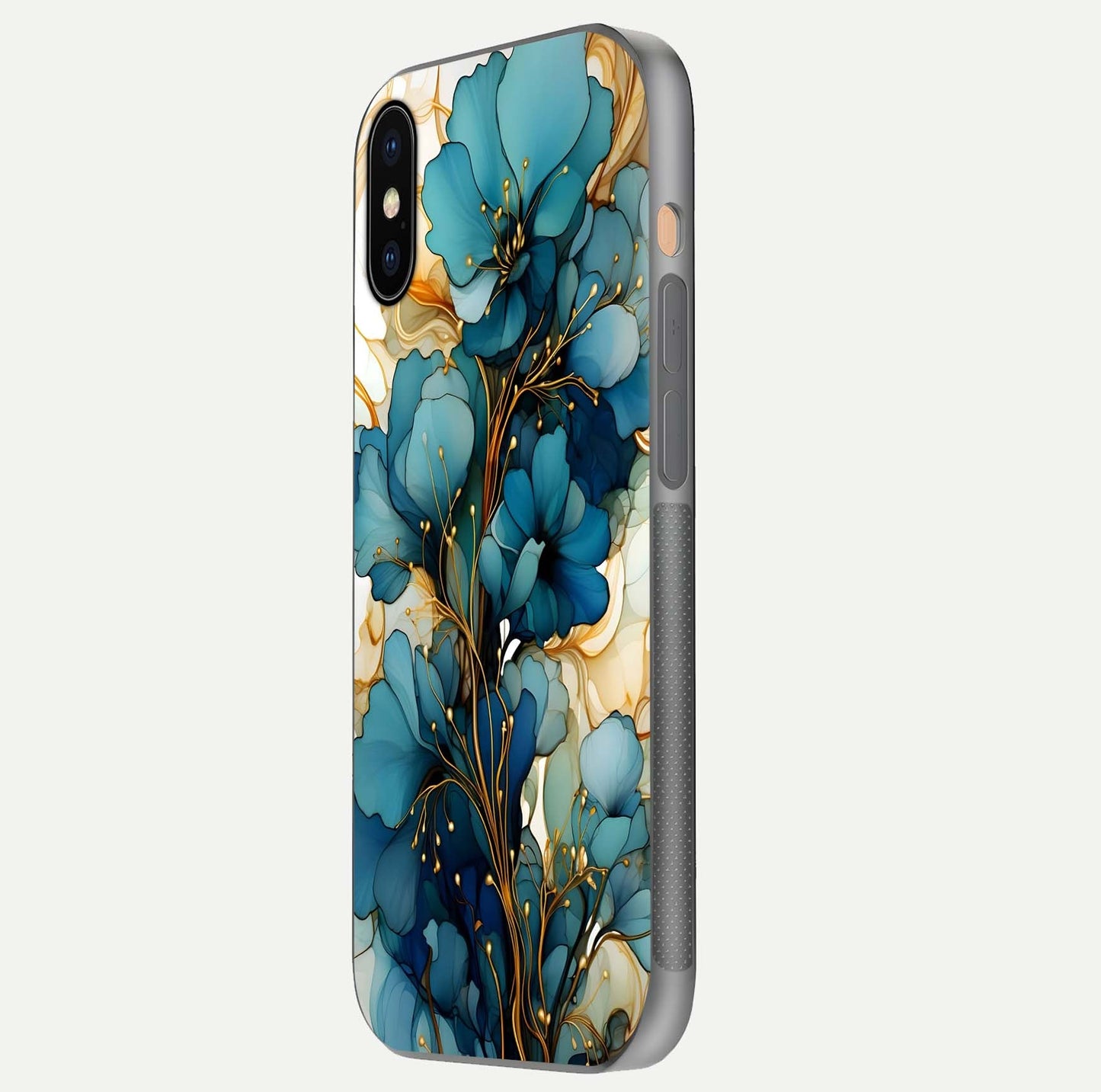 Golden Bloom Symphony Glass Case for iPhone Xs Max side-angle image showing golden glow, light reflection, and premium surface