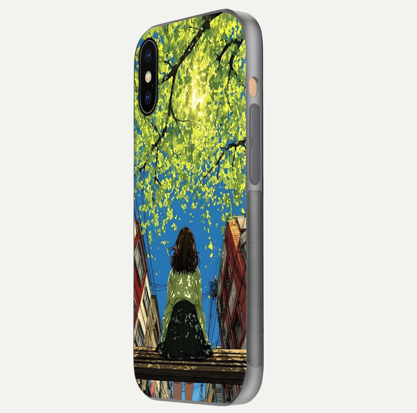 Golden Leaves Glow Glass Case for iPhone Xs Max side-angle image showing reflection polish and elegant pattern