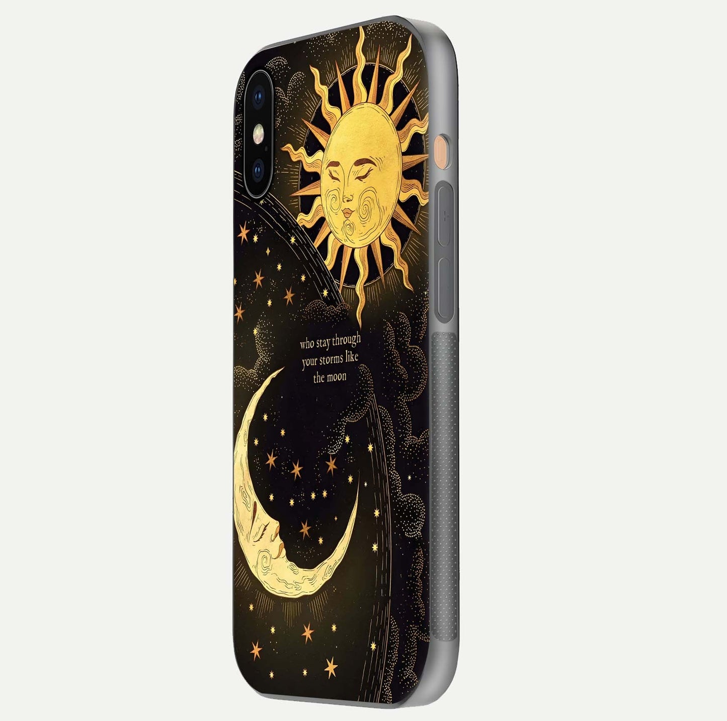 Golden Lunar Love Glass Case for iPhone Xs Max side-angle image showing reflection brilliance and smooth golden tone