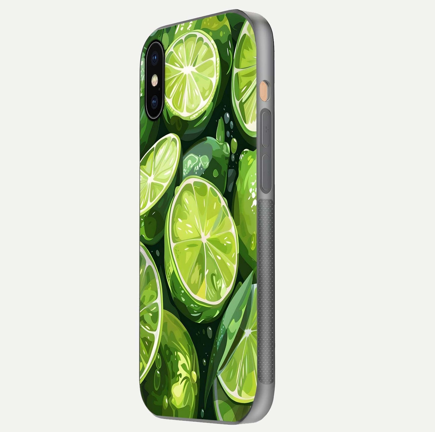 Green Lemon Glass Case for iPhone Xs Max side-angle image showing reflection glow and juicy color tones