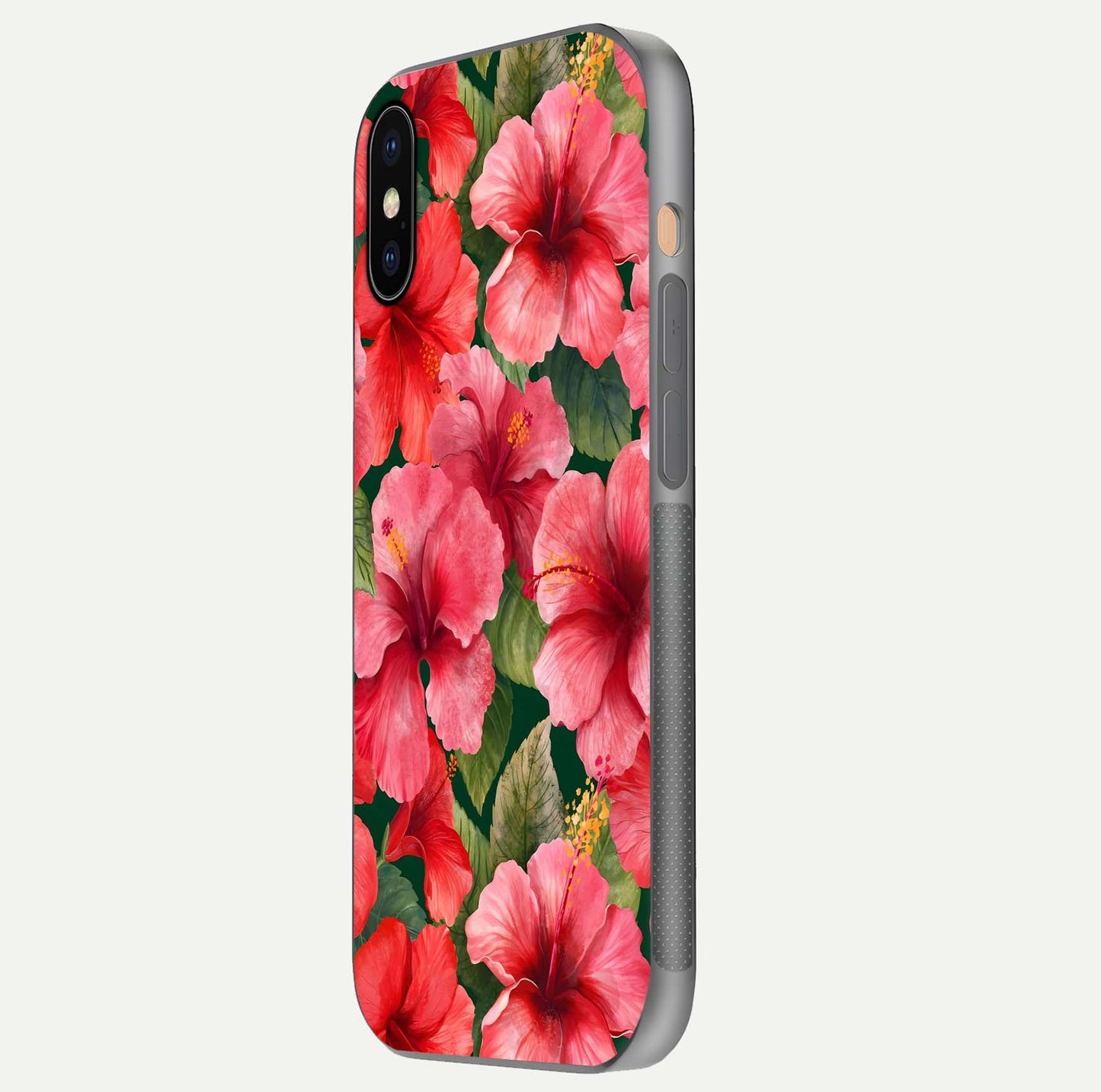 Hibiscus Pattern Glass Case for iPhone Xs Max side-angle image showing reflection brightness and floral detailing