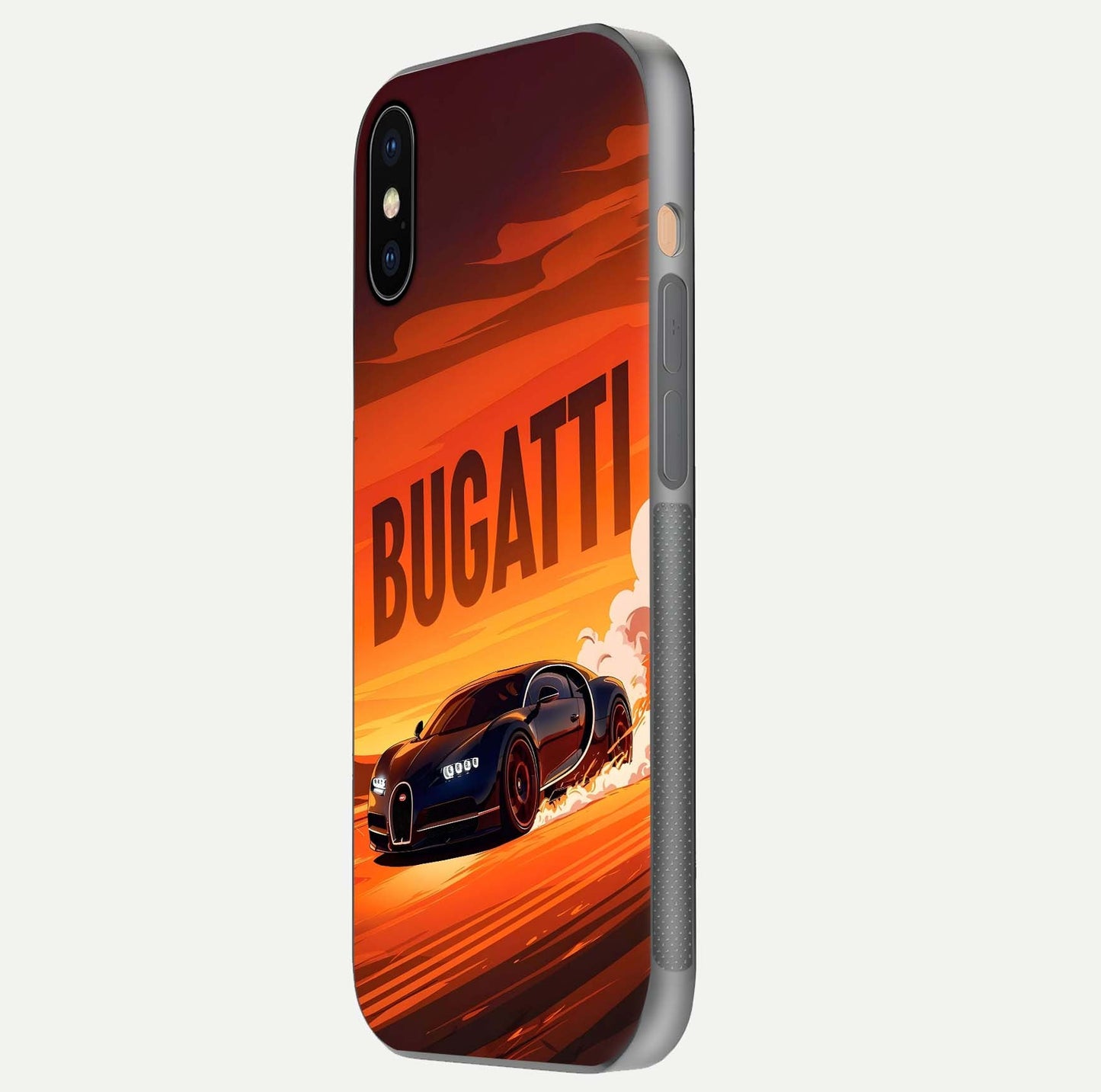 Inferno Bugatti Storm Glass Case for iPhone Xs Max side-angle image showing reflection glow and vibrant red tones