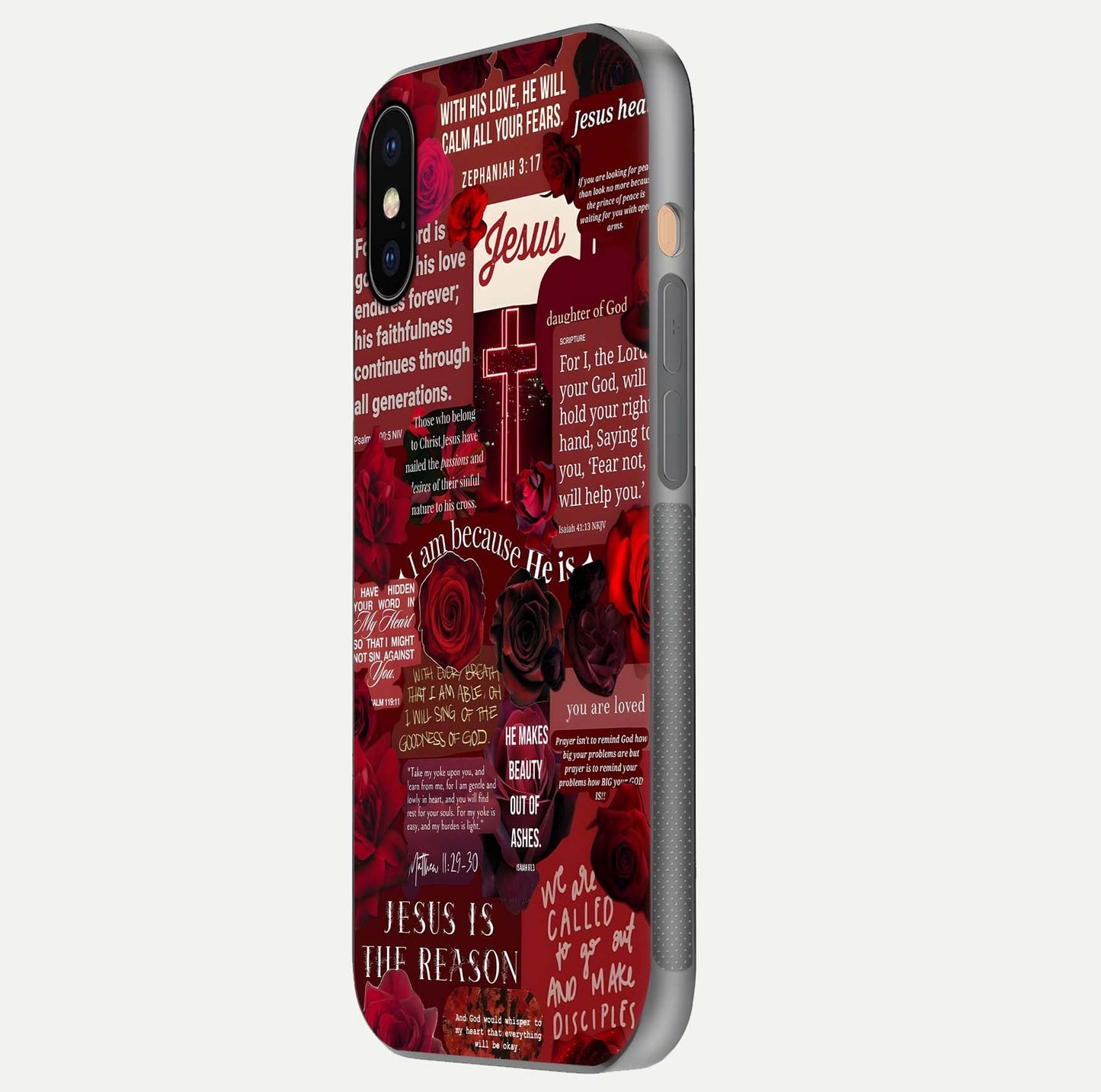 Jesus Love Heals Glass Case for iPhone Xs Max side-angle image highlighting gloss depth and spiritual aura
