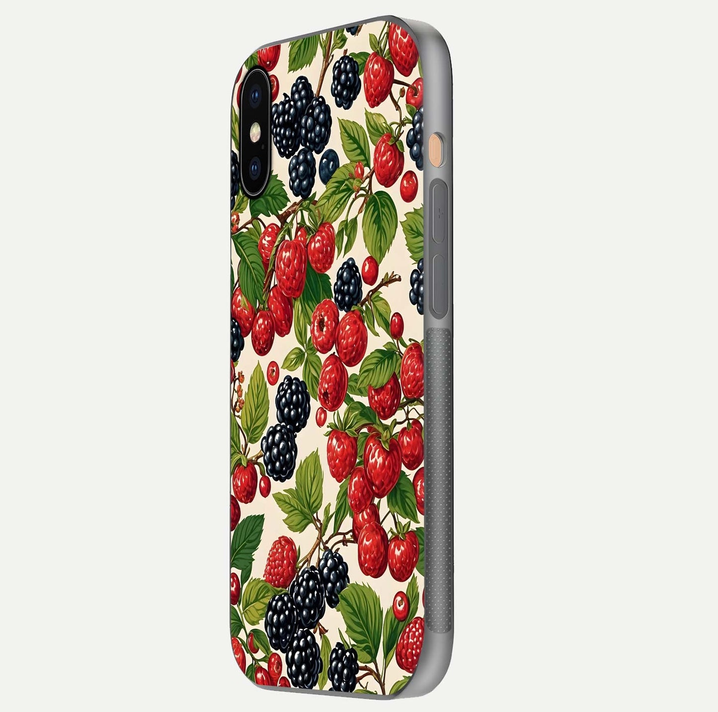 Mixed Berry Collage Glass Case for iPhone Xs Max side-angle image showing reflection and HD fruit texture
