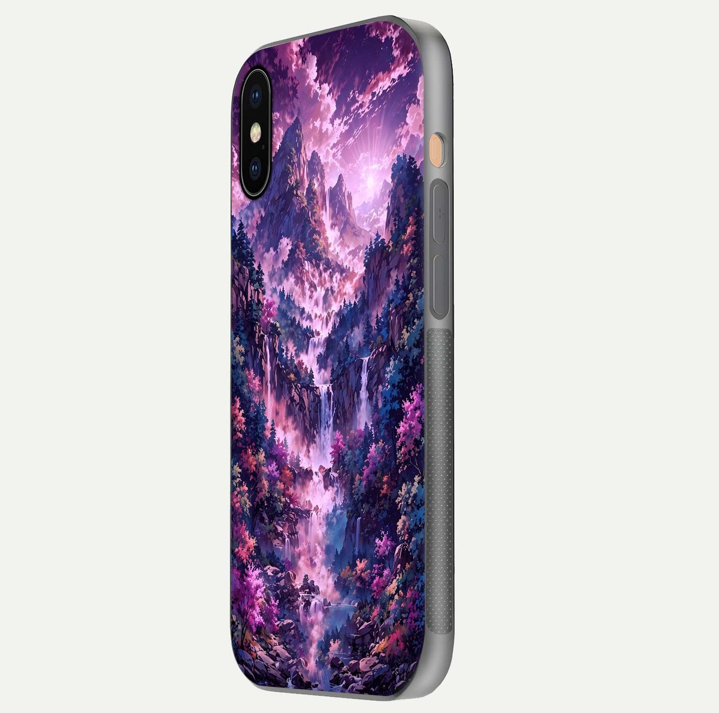 Mystic Cascade Peaks Glass Case for iPhone Xs Max side-angle image showing reflection and scenic art clarity