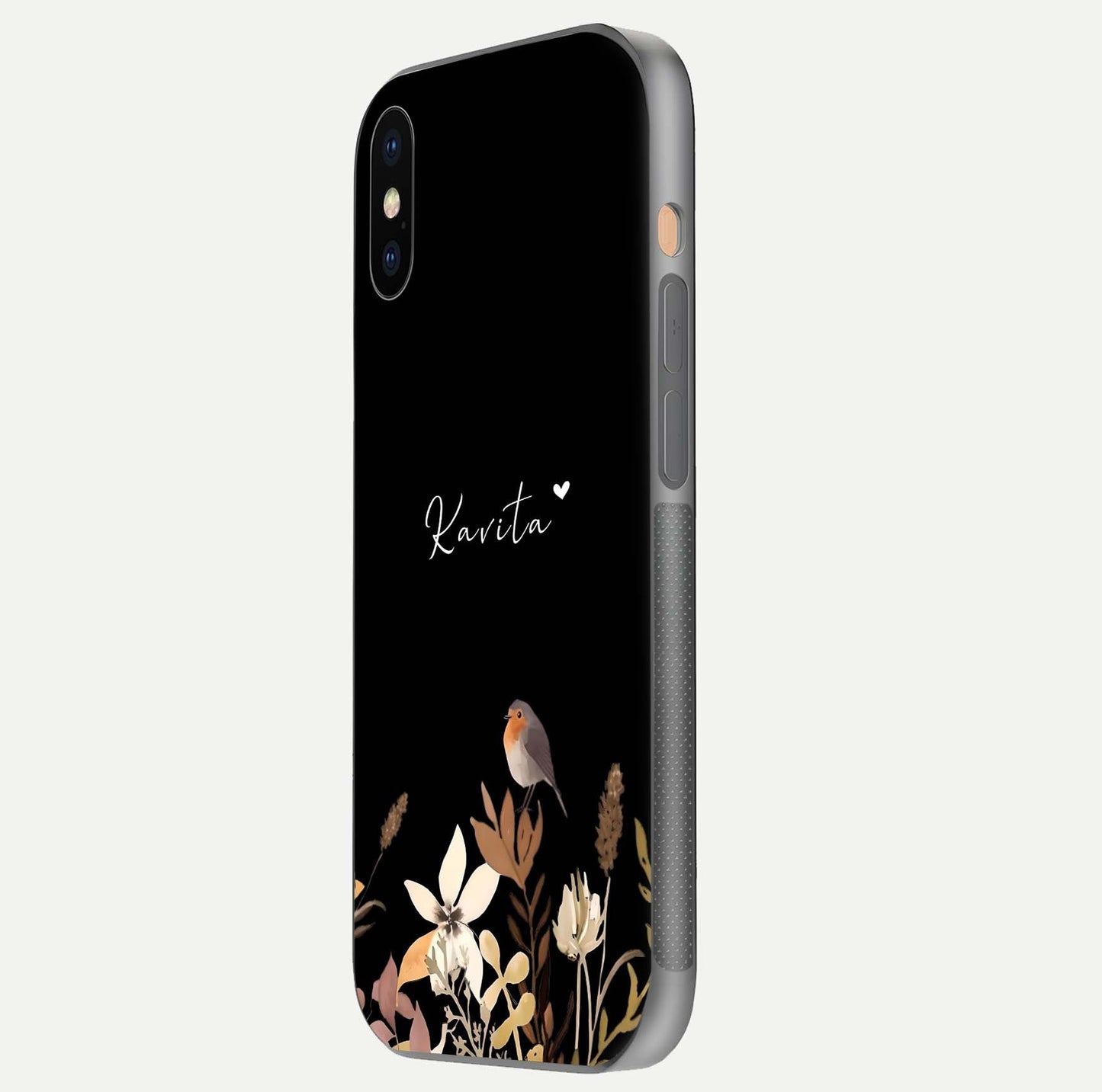 Quiet Garden Tune Custom Name Glass Case for iPhone Xs Max side-angle image showing reflection and floral design