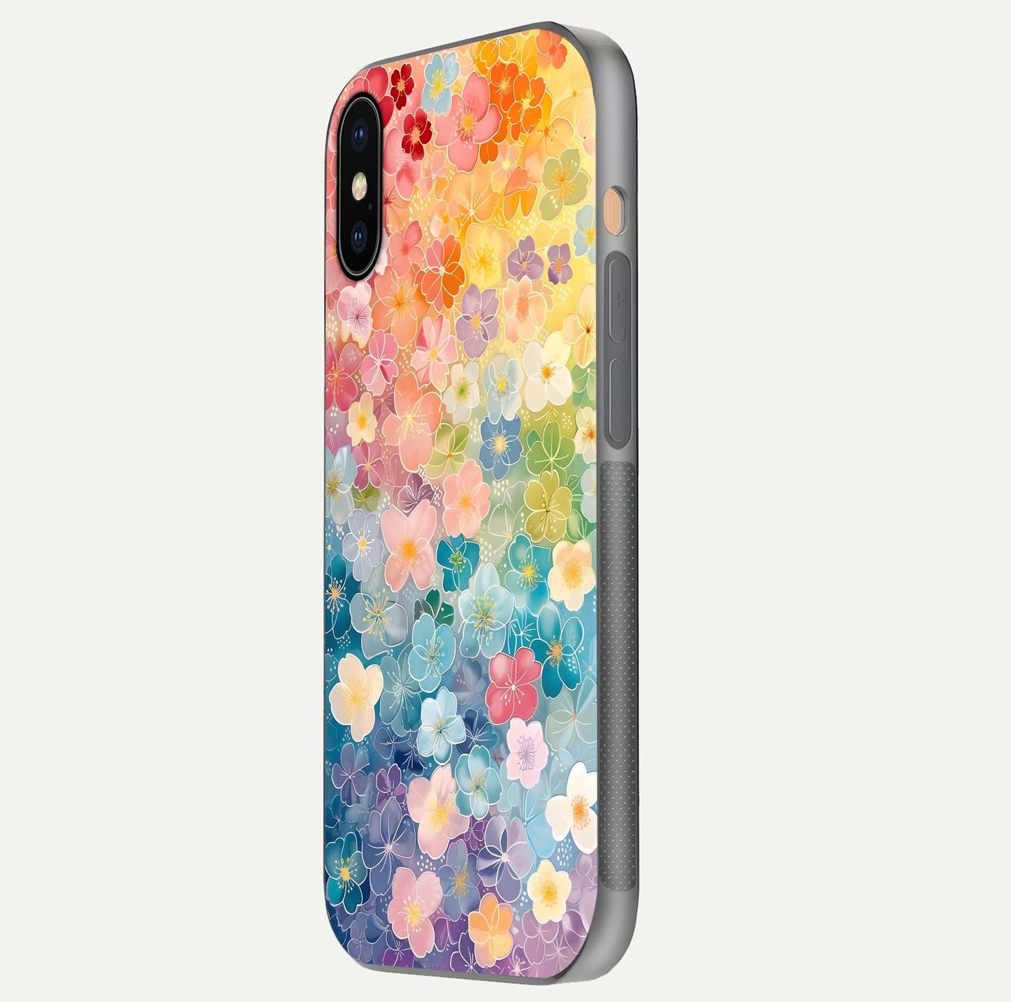 Rainbow Blossom Burst Glass Case for iPhone Xs Max side-angle image showing reflection and floral burst detail