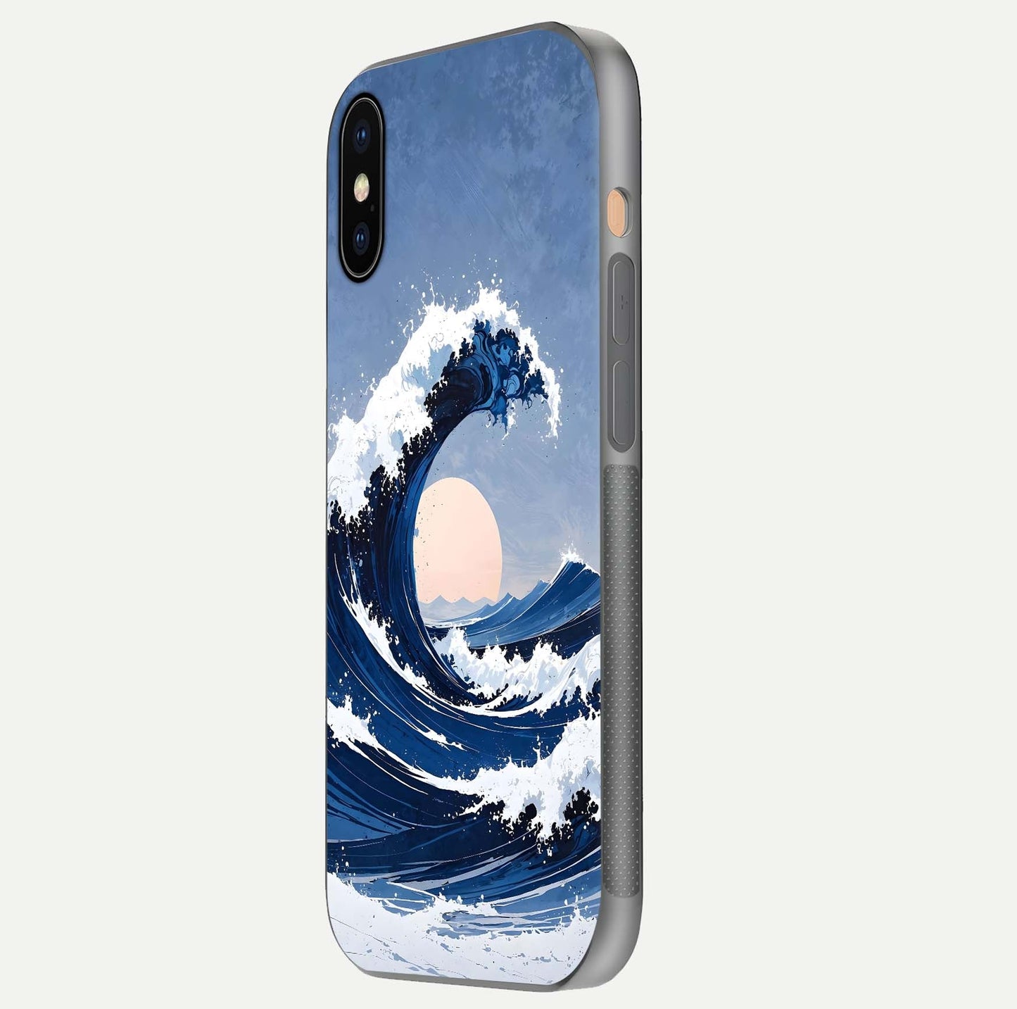 Rising Tide Power Glass Case for iPhone Xs Max side-angle image showing shine and detailed ocean art