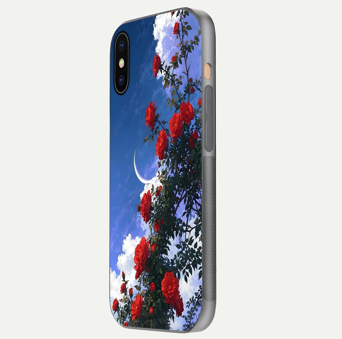 Rose Drift Flowers Glass Case for iPhone Xs Max side-angle image showing reflection and petal detail