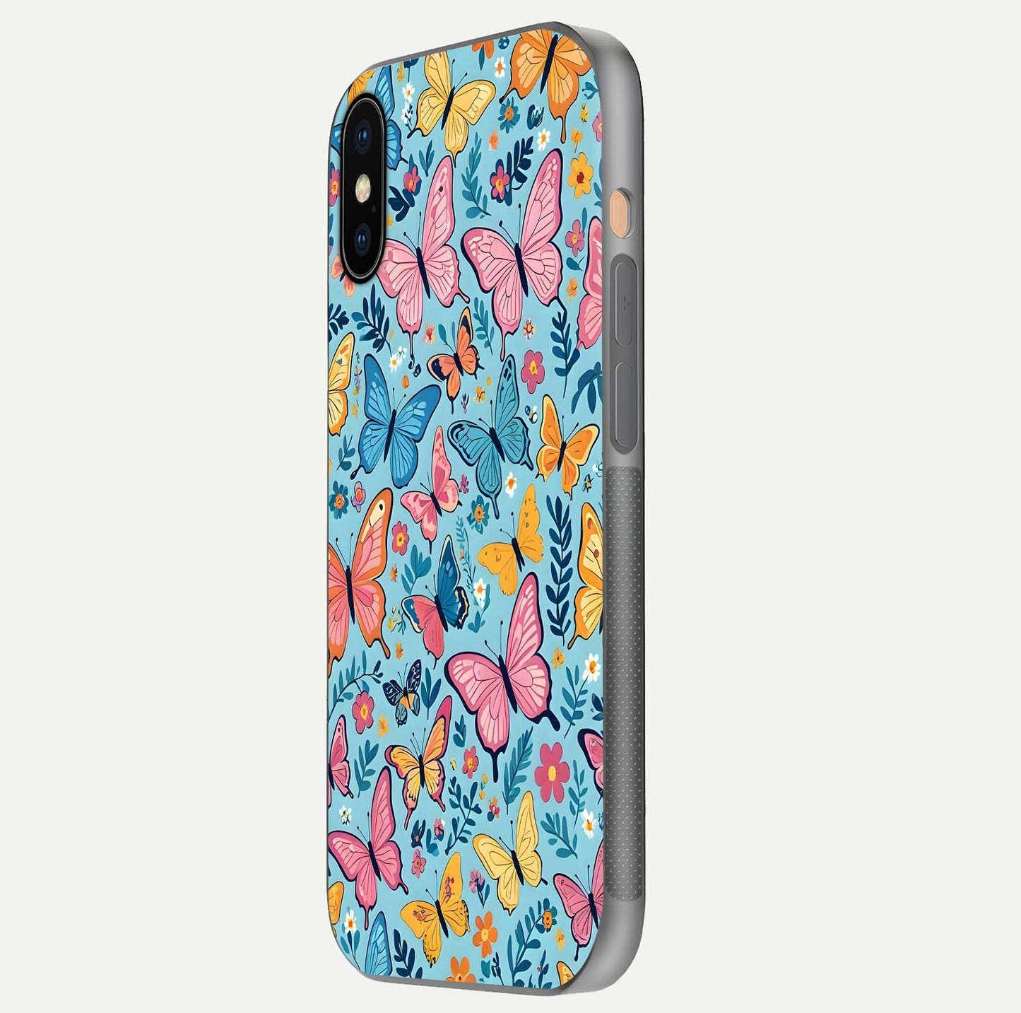 Spring Wing Garden Glass Case for iPhone Xs Max side-angle image showing shine, color, and pattern depth