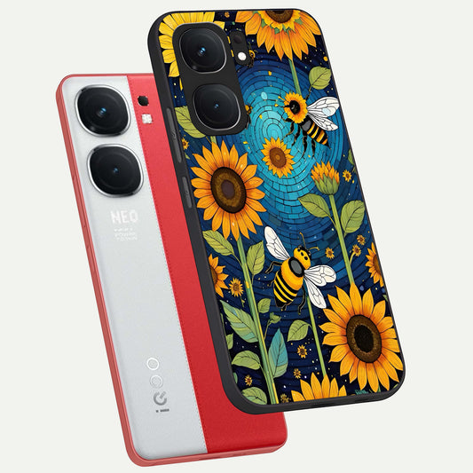 Bees And Sunflowers phone case For iQOO Neo 9 Pro showing premium glass back cover with detailed artwork