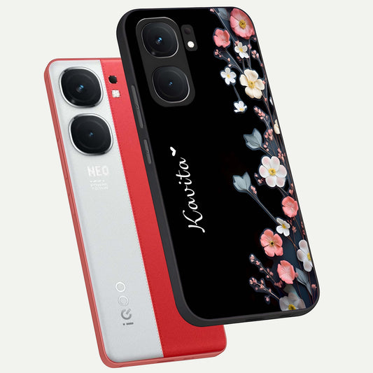 Black Elegance Floral Custom Name phone case For iQOO Neo 9 Pro showing premium glass back cover with detailed artwork