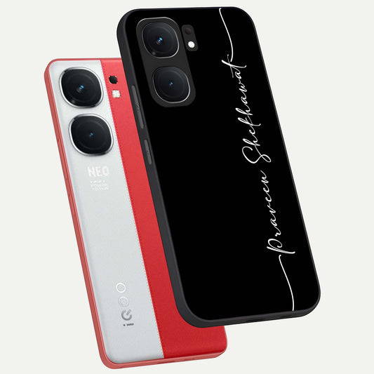 Black Tune Custom Name phone case For iQOO Neo 9 Pro showing premium glass back cover with detailed artwork